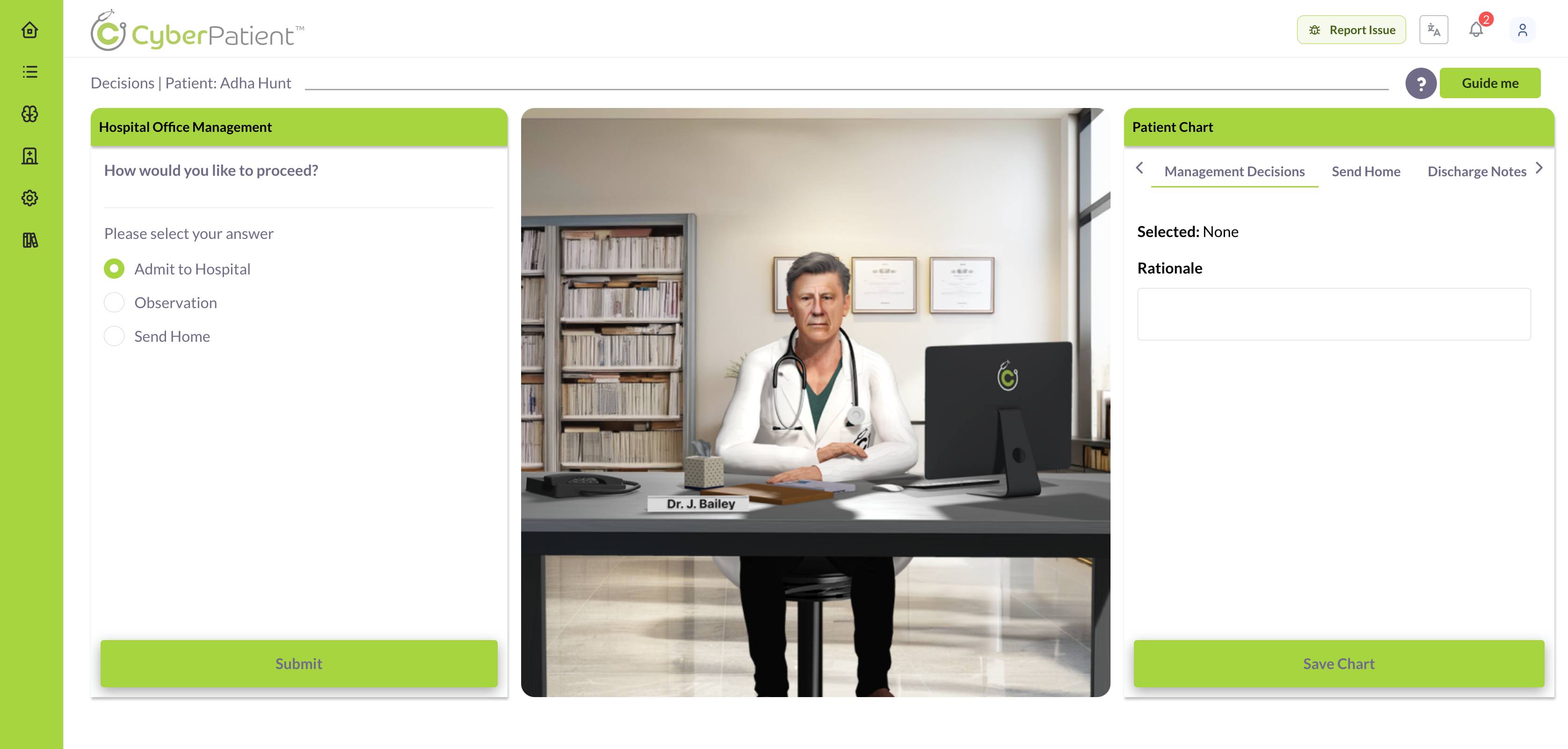 Clinical decisions screen: choosing how to proceed with the patient