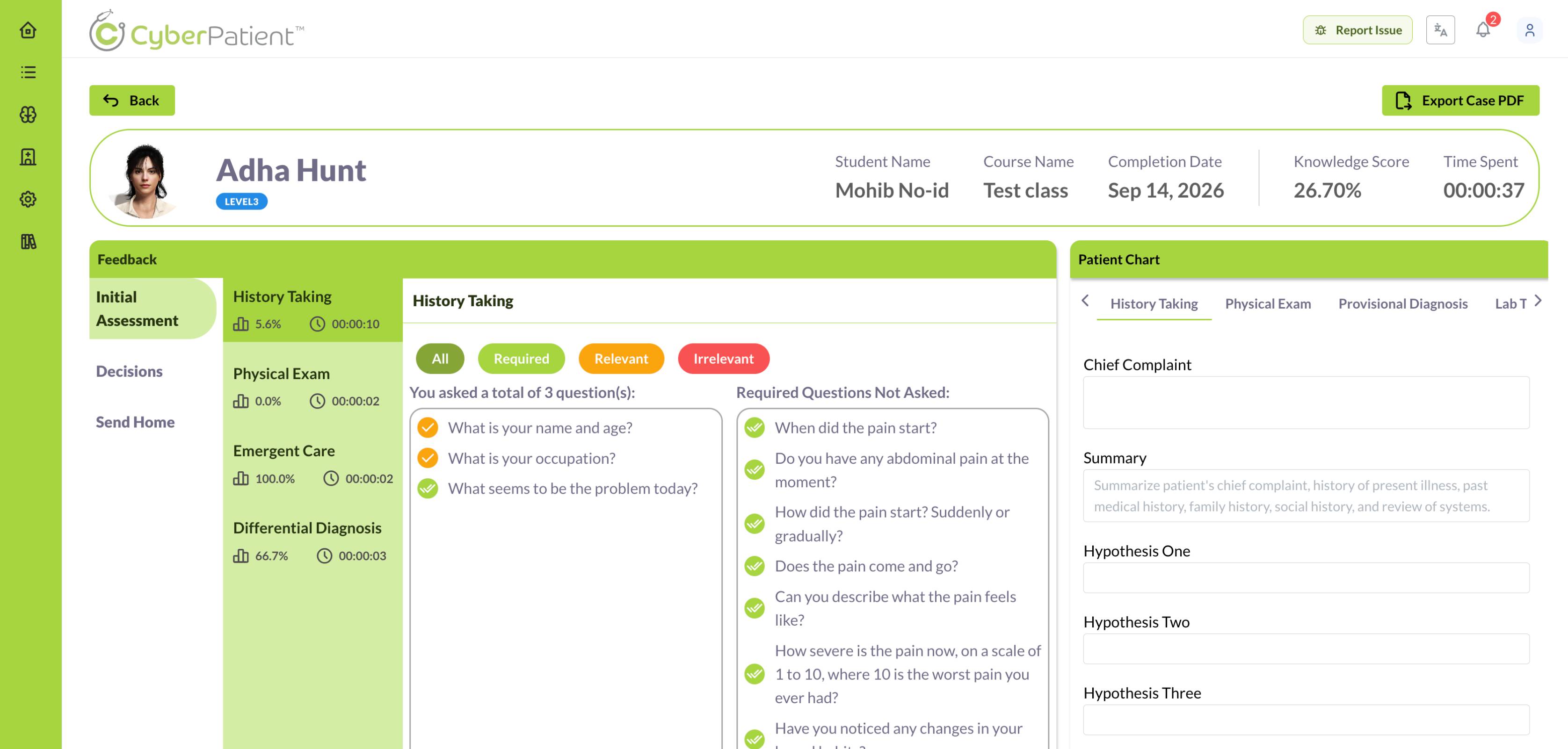 Feedback screen: scored feedback on every decision in the case