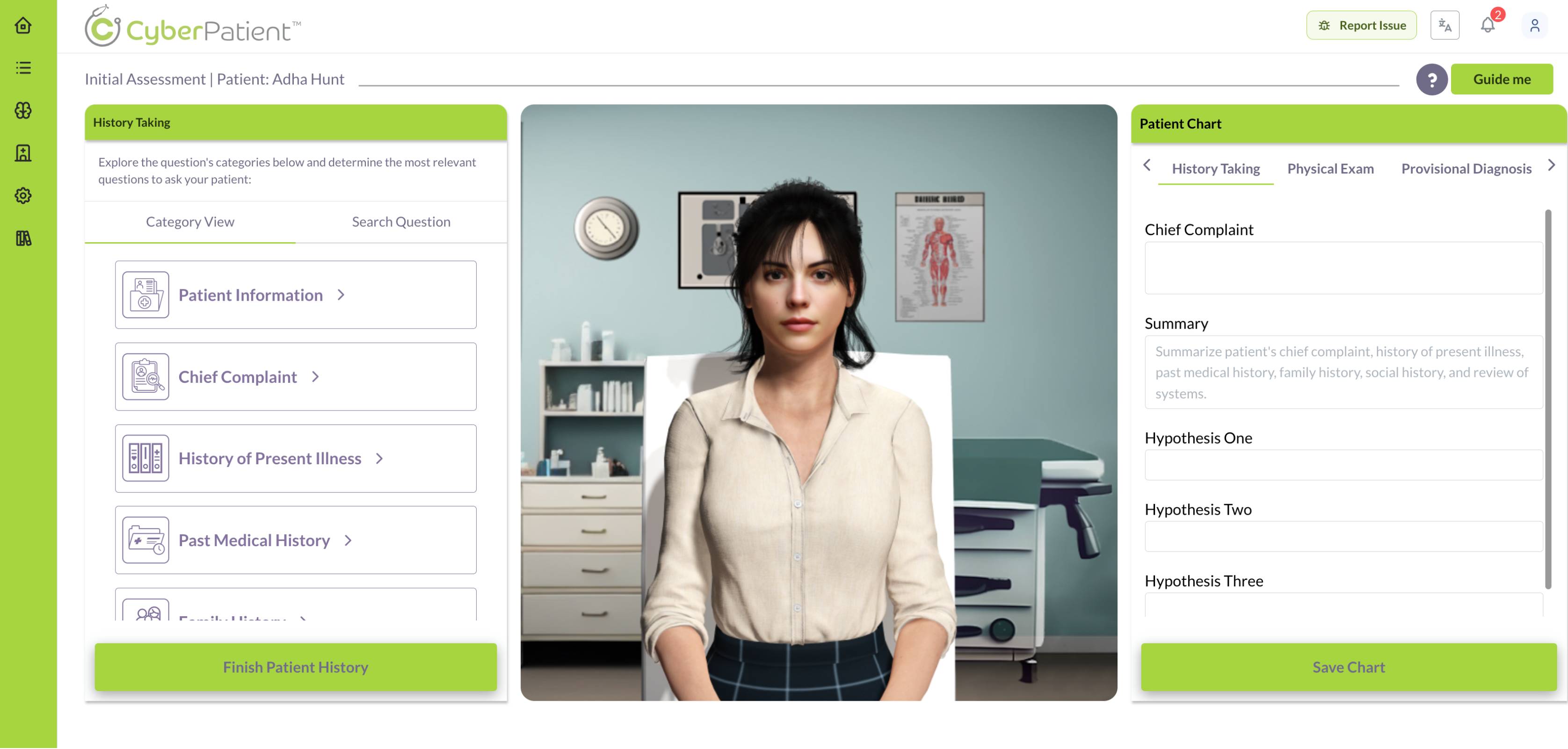 History taking screen: interviewing a virtual patient and recording findings in the chart