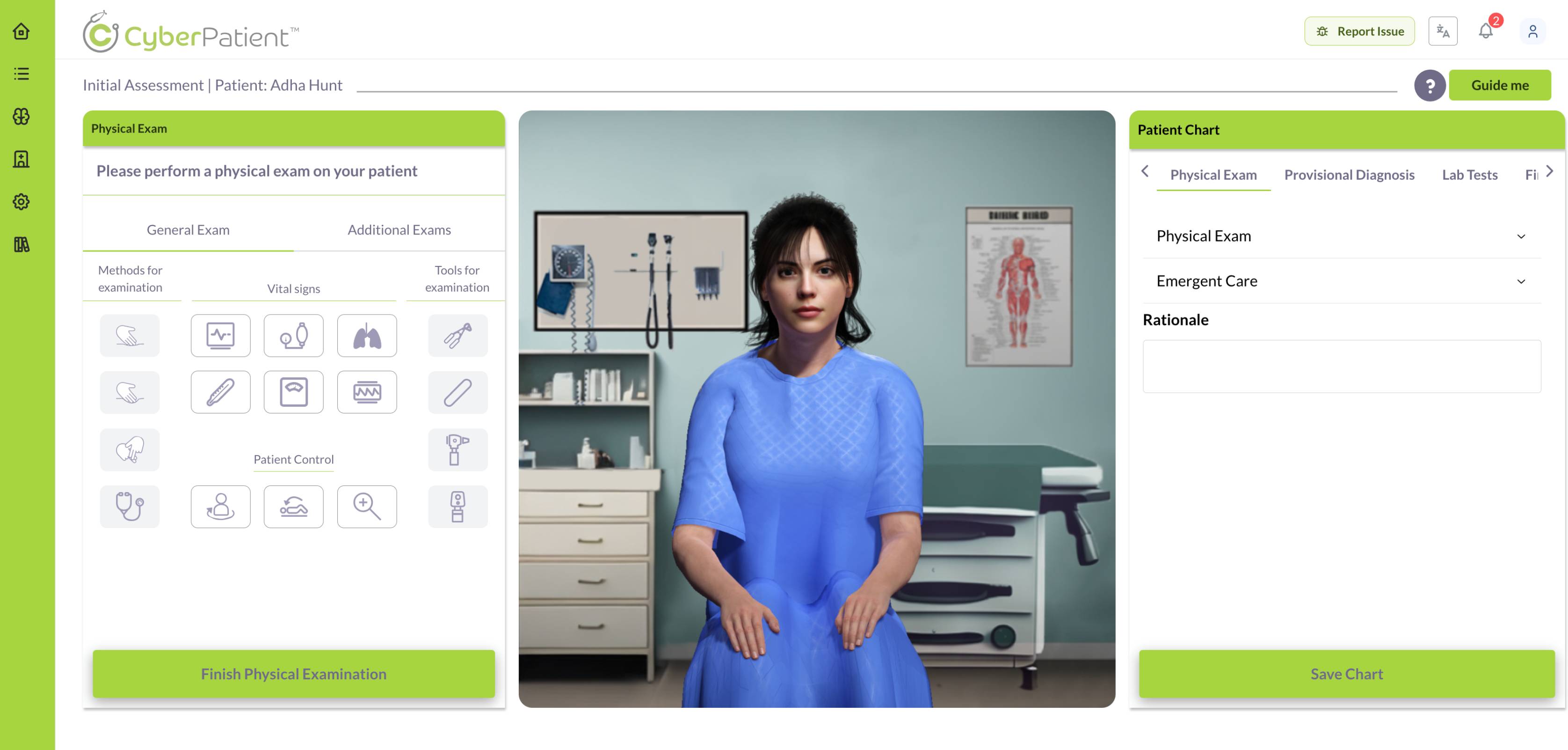 Physical examination screen: selecting and performing exams on the virtual patient